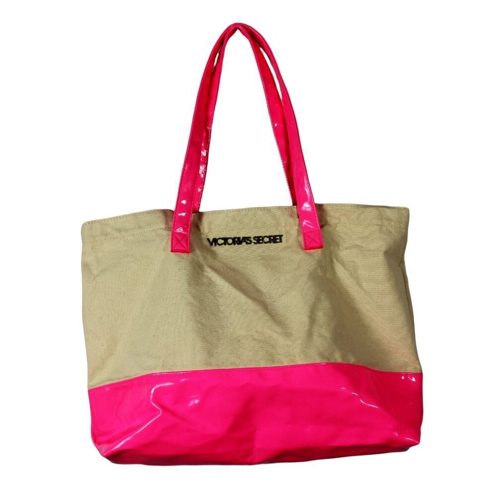 Victorias Secret Tote Bag Hot Pink Cream Canvas Patent Logo Large Beach Books